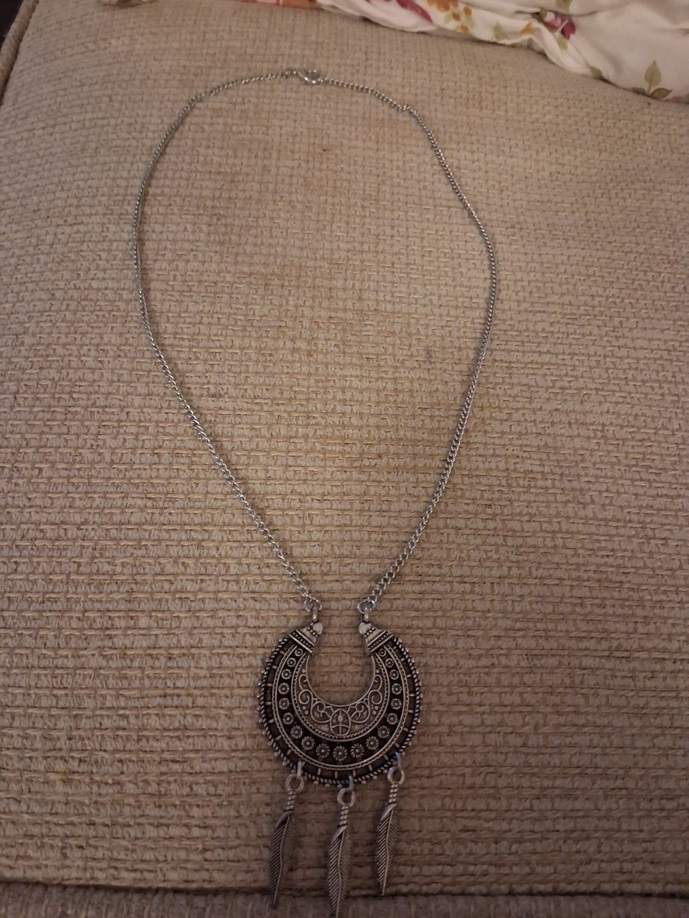 Bohemian Silver-Tone Crescent Pendant Necklace with Feather Charms